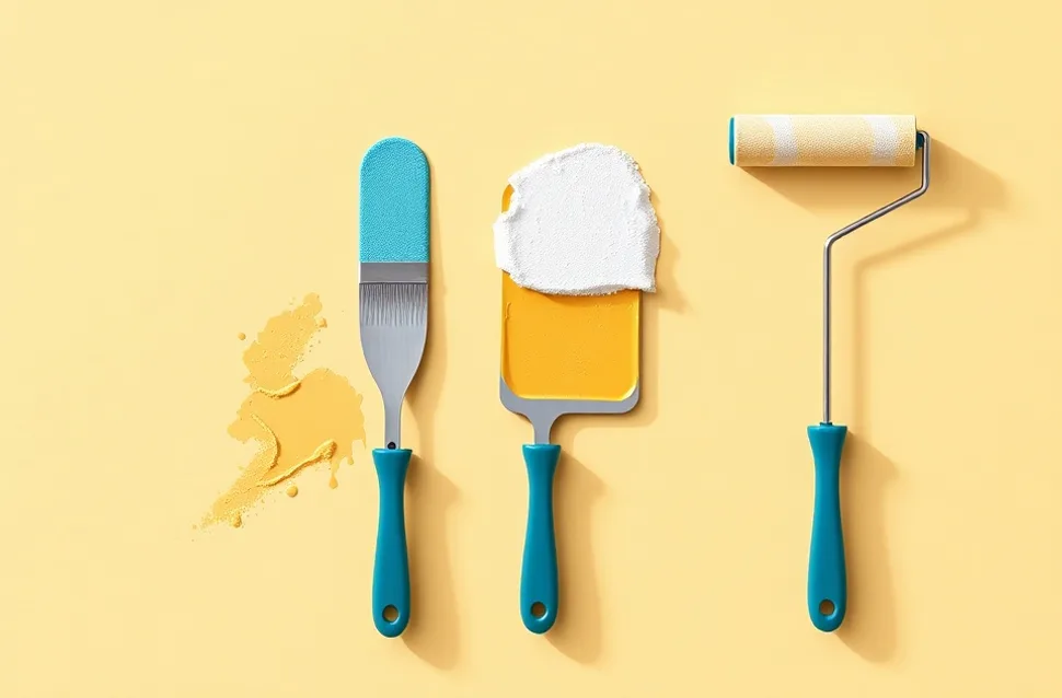 Outils de peinture disposés dans l'ordre des étapes du chantier