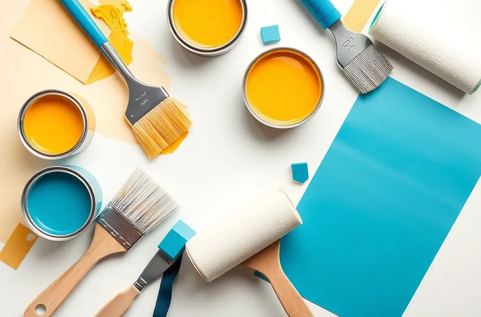 Pots de peinture, nuancier, brosses et rouleaux disposés à plat