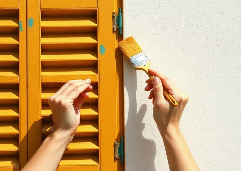 Mise en peinture au pinceau de volets et d'encadrements en bois