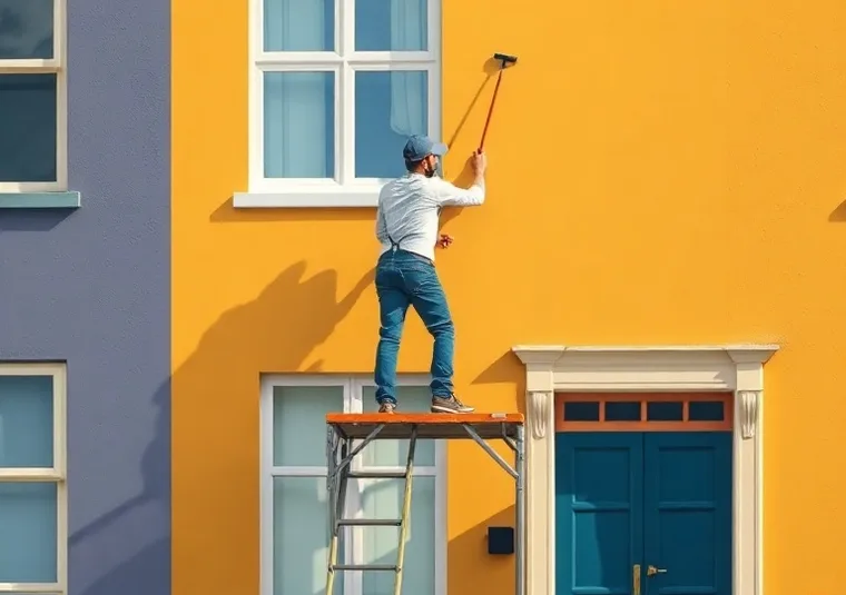 Peintre sur échafaudage traitant la façade d'une maison