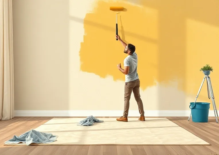 Peintre appliquant la peinture au rouleau sur un mur de salon